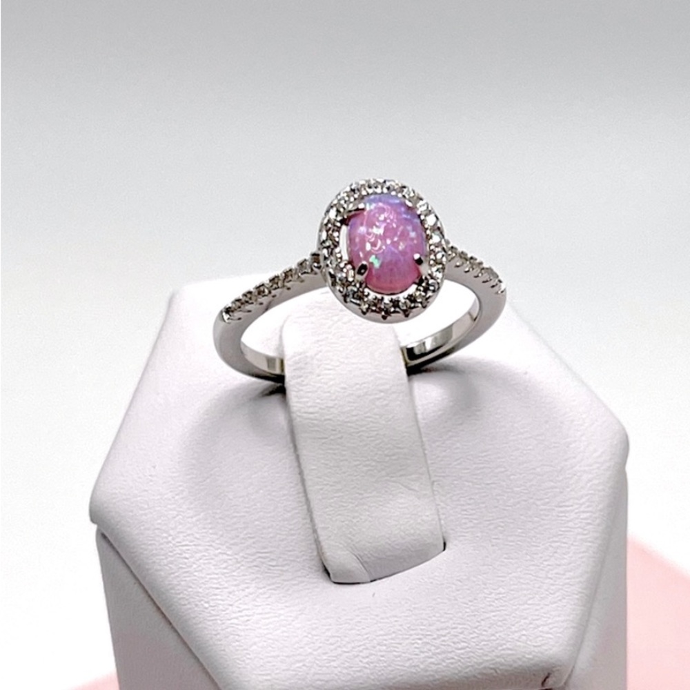 Sterling Pink Lab Opal and Clear CZ Oval Halo Ring - Picture 3 of 16
